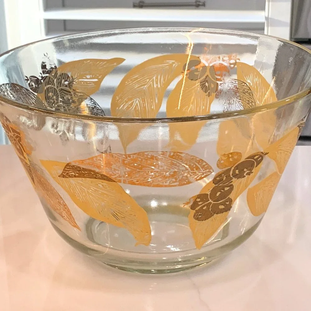 Vintage MCM Salad Bowl -Gold Leaf and Berries -Large